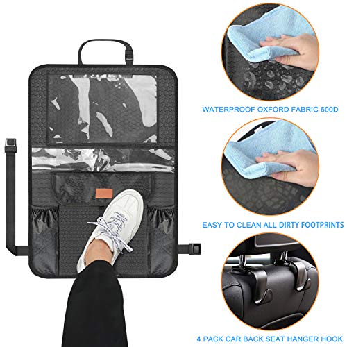 Backseat Car Organizer Kick Mats with 4pcs Headrest Hooks Hangers, Waterproof Car Seat Back Protectors with Large Storage Pockets 12" Touch Screen Tablet Holder Great Travel Accessories (2 Pack)