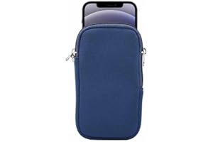 Blue Neoprene Phone Pouch with Neck Strap, Shock Absorbing Zipper Sleeve Bag for iPhone 14 Plus Samsung S23/S22 Ultra Note 20