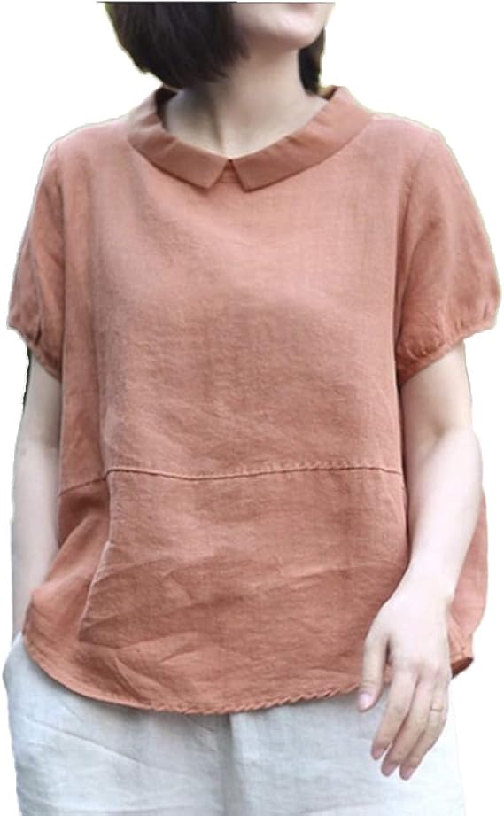 Amazon もうほうきょう レディース Tシャツ リネンシャツ ラペルシャツ カットソー Polo襟 襟付き 綿シャツ 無地 チュニックシャツ ゆったり 体型カバー カジュアル 夏 綿麻 半袖 Tシャツ カットソー 通販