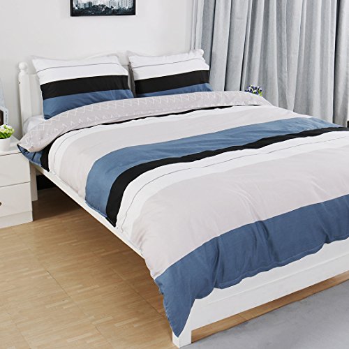 uxcell Duvet Cover Set, 100% Cotton Quilt Cover Bedding for Teens Adult, Simple Modern Stripes Lattices Pattern Printed on Gray Blue with Zipper Closure (Twin XL Size, Blue Stripe)