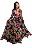 Women Elegant Deep V Neck Long Sleeve Chiffon Floral PrintLong Maxi Dress with Belt