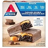 Atkins Caramel Double Chocolate Crunch Bars. Rich and Decadent Treat with Low Sugar and Net Carbs. Great Source of Protein and Fiber. 1.55 oz per Bar (5 Bars)