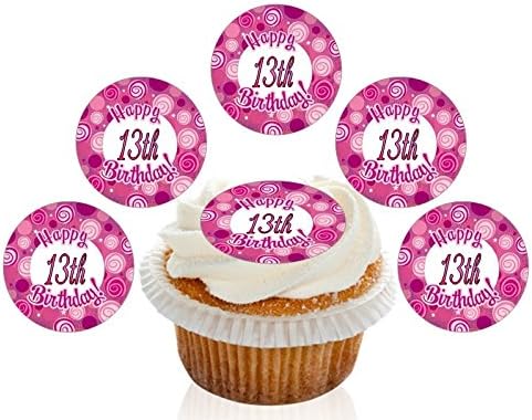 12 Large Pre Cut Happy 13th Birthday Pink Swerl Edible Premium Disc Wafer Cupcake Decorations Toppers - by Kreative Cakes