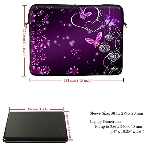 Meffort Inc 14 14.1 Inch Neoprene Laptop Sleeve Bag Carrying Case with Hidden Handle and Adjustable Shoulder Strap (Purple Flower Heart Butterfly)