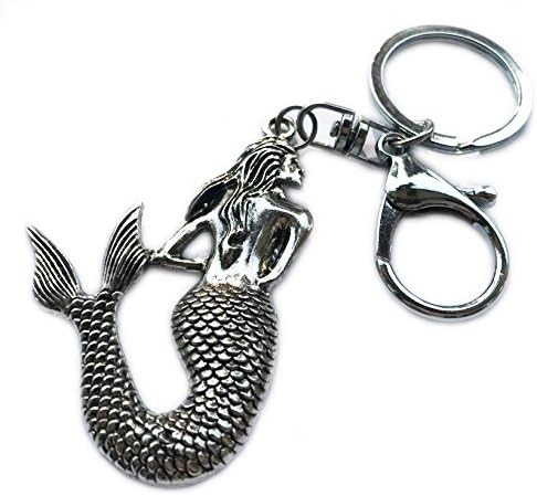 Minigianni Mermaid Shaped Silver Pattern Bag Purse Charm Punk Keychain Key Ring Chain (YXB146)