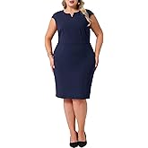 Agnes Orinda Plus Size Sheath Dresses for Women Notched V Neck Sleeveless Business Pencil Work Dress