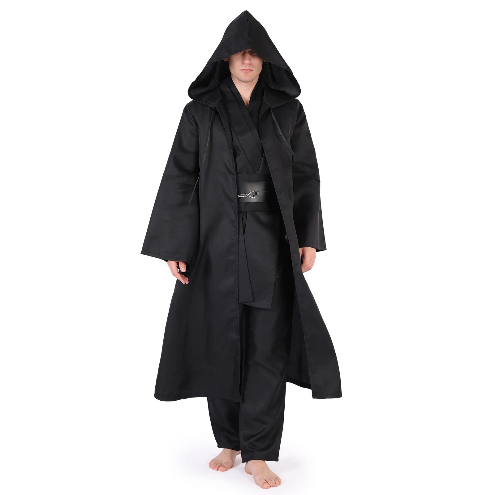 AENEY Jedi Costume Adult, Tunic Hooded Robes Medieval Fancy Dress Halloween Cosplay Party Costume Full Set Black (XX-Large,190cm)