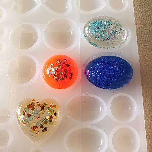 ScivoKaval Cabochon Gem Jewelry Silicone Mold Oval Teardrop Square Heart Round Shapes for Polymer Clay Crafting Resin Epoxy Pendant Earrings Making Casting DIY Craft Mold 29 Design 58 Cavity Large - Thumbnail 7