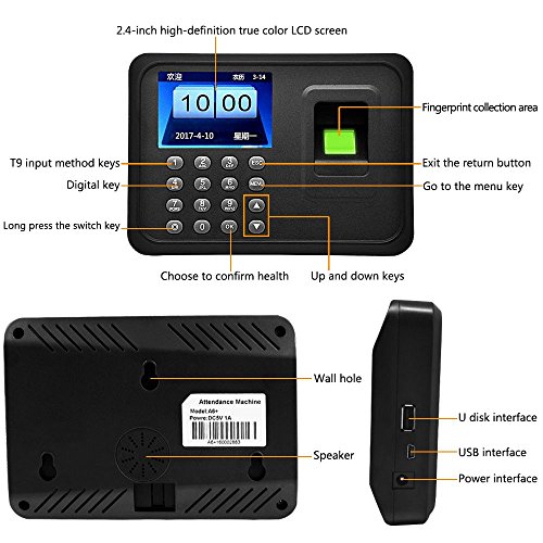 LIBO Biometric Fingerprint Time Attendance Machine Fingerprint Time Clock System, 2.4inch Screen, Support USB Record, 600 User Capacity - Thumbnail 2