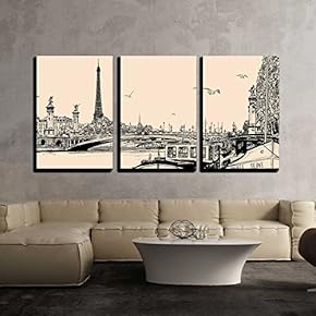 3 Piece Canvas Wall Art - Illustration of a View of Seine River in Paris with Barges and Eiffel Tower - Modern Home Art Stretched and Framed Ready to Hang - 16"x24"x3 Panels