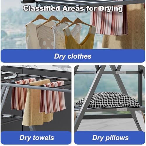 Zucng Folding Clothes Dryer Clothes Drying Rack with 4 Shoe Holder, Foldable 3-Tier Laundry Hanger Free-Standing Dryer Rack 3 Height Adjustable Clothes Drying Rack, Windproof (Grey)