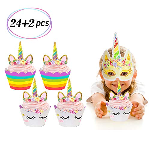 24 Pack Unicorn Cupcake Toppers and Wrappers Birthday Cake Decorations +2 Unicorn Masks for Unicorn Themed Party Baby Shower Supplies