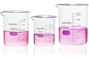 Labvida Upgrated 3 Size Low Form Beaker Set, 50ml 100ml 250ml, 3.3 Boro Glass Beakers with Printed Graduation, LVA017
