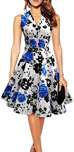 DAROJ Women Vintage 1950s Floral Printed Rockabilly Pinup Cocktail Swing Dress S Blue