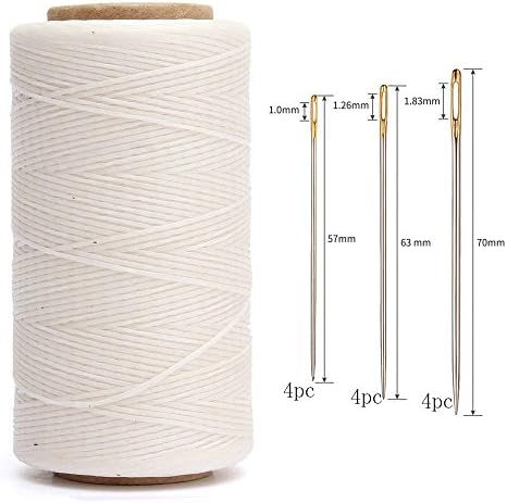 AntKits 284 Yards 150D 0.8mm Flat Leather Waxed Thread Cord and 12 pcs Stitching Needles with Big Pinhole for Leather Factory or Leathercraft DIY, White