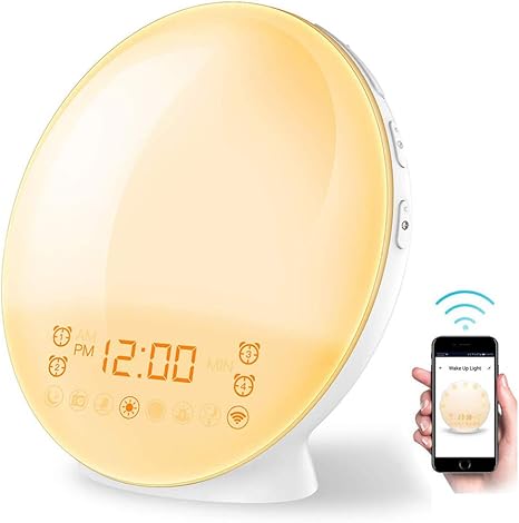 Amazon Co Jp 目覚まし時計日の出と日の入りandroid Iosアプリ コントロールスマートライフナイトライトスマートウェイクアップライト付きボイスコントロール4つの目覚まし時計とfmラジオとスヌーズ ホーム キッチン