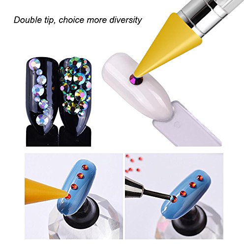 1 Pc Senior Double-head Wax ended Nail Rhinestone Picker Dotting Pen Acrylic Handle Gem Pick Up Applicator Tool Self-Adhesive Dot Head Tips Nail Art DIY Decoration Tool with Travel case (Yellow) - Thumbnail 3