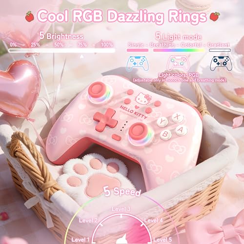 Kuitmor Hall Effect Wireless Controllers for Switch 2/1/OLED/Lite, PC, Android, iOS/2.4G Receiver + Bluetooth,1000mAh Battery, 6-Axis Gyro, Dual Vibration, RGB Breathing Li (Pink)