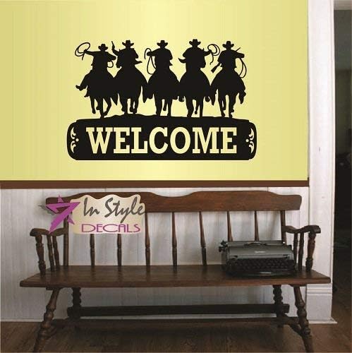 Lplpol Wall Vinyl Decal Home Decor Art Sticker Five Cowboys on Horses Welcome Sign Western Room Removable Stylish Mural Unique Design