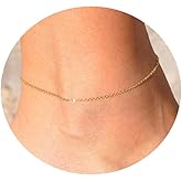 NONAMOIS Ankle Bracelets for Women Dainty 18K Gold Plated Anklet Waterproof Round Beaded Paperclip Herringbone Pearl Chain Anklets Waterproof Beach Foot Jewelry