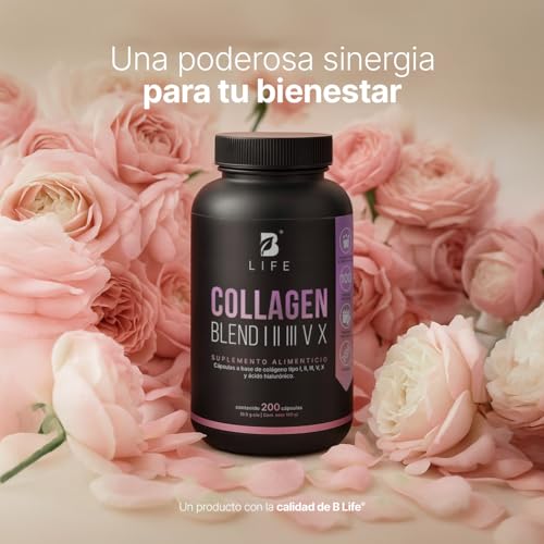 Colágeno Hidrolizado Tipo I, II, III, V y X | 200 Cápsulas 1000 mg por porción | Adicionado con Vitamina C y Ácido Hialurónico. Collagen Blend I, II, III, V X. B Life
