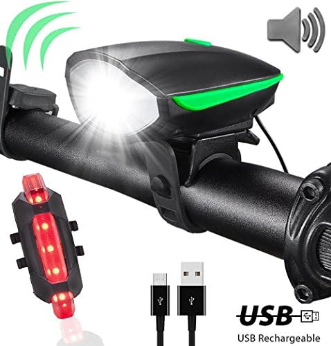 Bike Lights Night Flashing Light for Cycling USB Rechargeable Bicycle Lights with Horn 3 Modes Headlight and 4 Modes Taillight for Night Riding Fast Install with 2 USB Cables - Black