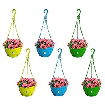 Trust basket Colourfull Plastic Hanging Basket with Bottom Saucer (Blue, Green, Yellow) - Set of 6