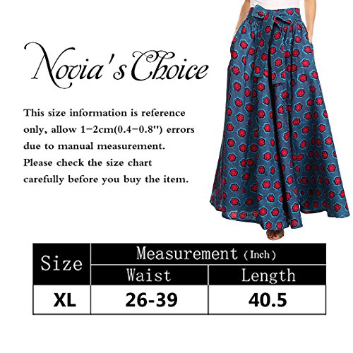 Novia's Choice Women African Floral Print Pleated High Waist Maxi Skirt Casual A Line Skirt(Little Red Flower),X-Large