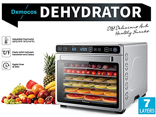 Dxmocos 7 Layer Food Dehydrator Machine, Digital Adjustable Timer and Temperature Control, Dryer for Herb, Meat, Beef, Fruit and Vegetables, Over Heat Protection, Stainless Steel Trays