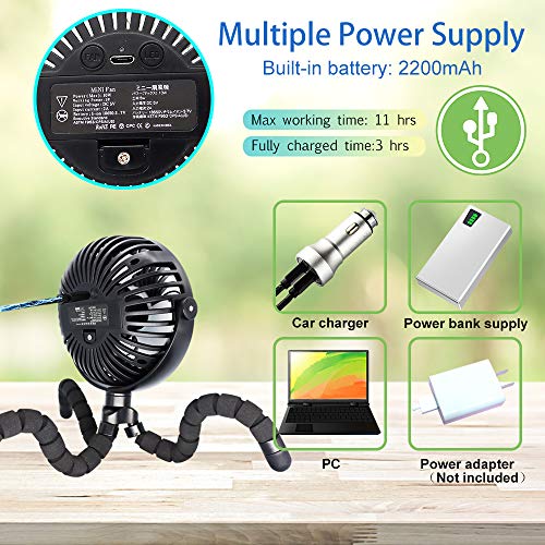 Ventilador USB, mini Ventilador, Ventilador de Mesa silencioso, Batería recargable, Ventilador camper con Trípode flexible, 12 LED, Ventilador de Mano, Ventilador pilas pequeño para Oficina,Cochecito