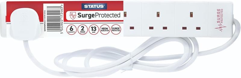 Status 6 Way Surge Protected Extension Lead 2m Cable Neon Indicator 13A White