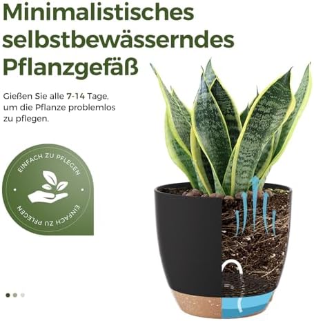 Blumentöpfe 6 Set Selbstbewässernd Schwarz 20.3cm/17.8cm/16.5cm/15.2cm/14cm/12.7cm Blumentopf Pflanzentopf mit Untersetzer,Anzuchttöpfe,Zimmerpflanzen,Fensterbank deko