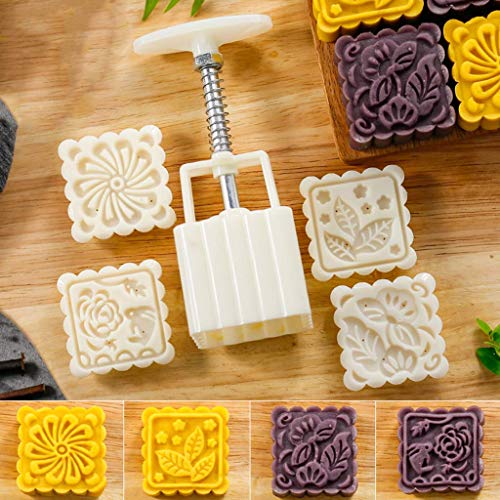 75G Mooncake Mold - Square Hand Press Cookie Stamps, DIY Baking Moon Cake Stamps, Bath Soap Mold, Cookies Cutters with 4 Stamps for Kitchen Mid Autumn Festival