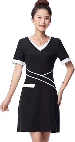 Amazon 作業服 半袖 ワンピース サロン 清潔感 看護 ナース 七分袖 仕事服 制服 ブラック 半袖 S ワンピース チュニック 通販