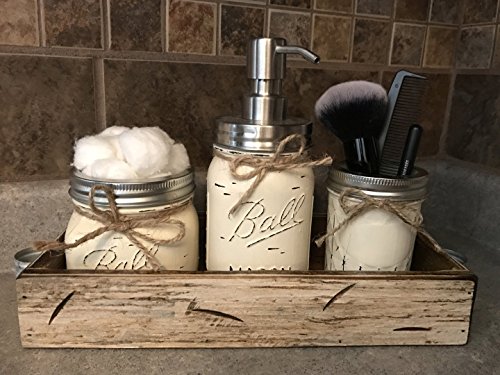 image for Wooden Hearts Ball Mason Jar BATHROOM SET in Antique WHITE Tray ~Cotto
