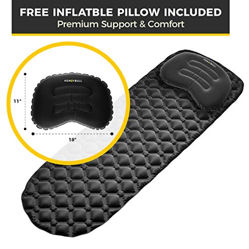 HONEYBULL Sleeping Pad (Comfy Pillow & Travel Bag Included) Lightweight Comfortable Sleep Mat Perfect for Camping and Traveling | Inflates in Just 1 Minute (Black)