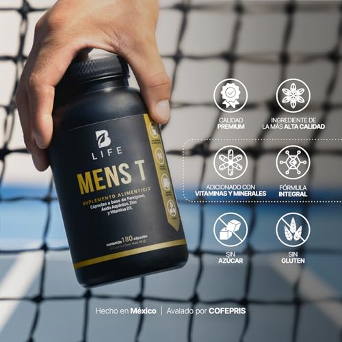 B Life Company Mens T Vitaminas Para Hombre de 180 Cápsulas. Ingredientes naturales: Fenogreco, Ácido Aspártico, Arginina, Zinc y D3. Precursor Natural.