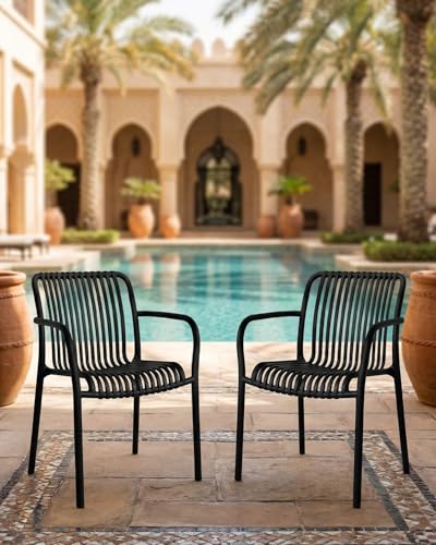 HariNorgen Balcony Chairs Set of 2 Dining Chairs,All Weather Outdoor Indoor Stack Chair for Garden,Backyard,Cafe,No Assembly,Black