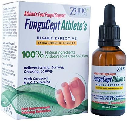 Zane Hellas FunguCept Athlete’s Foot Fungal Support. 100% Natural Foot Care Product. Relieves Itching, Burning, Cracking, Scaling. Ideal for Ringworm, Jock Itch, Foot Odor. 1 oz - 30 ml.