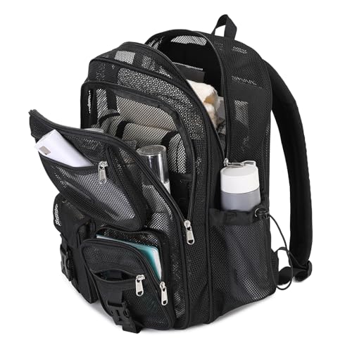 MOONBABY Mesh Backpack for School Heavy Duty See Through Net Bookbag Girls Boys Semi-Transparent Net Back Pack for Beach, Swimming, Sports, Work, Travel (Black)