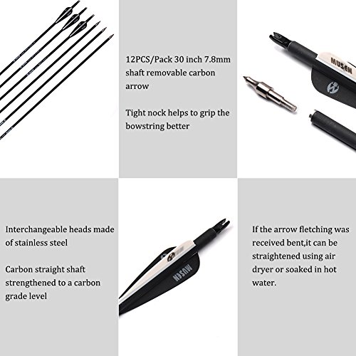Musen 30 Inch Carbon Archery Arrows, Spine 500 with Removable Tips, Hunting and Target Practice Arrows for Compound Bow and Recurve Bow, 12 Pcs Black - Thumbnail 4