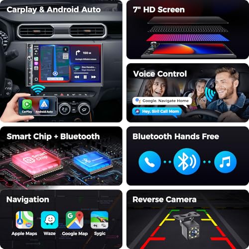 Kissound Double Din Car Stereo with 7" HD Touchscreen, Wireless Apple Carplay & Android Auto, Bluetooth, 240W, SWC, Subwoofer Output, Mirror Link, FM/AM Car Radio Receiver, Backup Camera