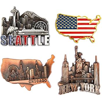 Juvale American Magnets for Fridge - Pack of 4 - New York, Chicago, Seattle, US Flag