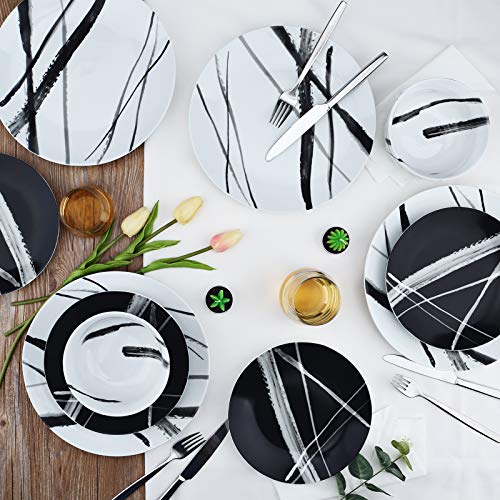 ZYAN 16 Piece Round Dinnerware Sets, Black and White Metro Stoneware