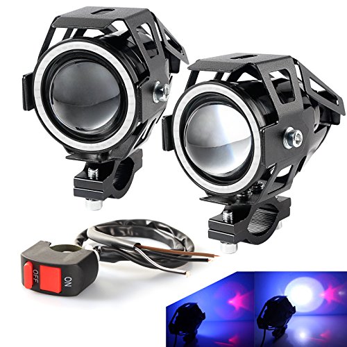 LEDUR Motorcycle LED Headlight U7 DRL Fog Driving Running Light Front Spotlight with Angel Eyes Light Ring Hi/Lo Strobe Flashing White Light(2PCS,Blue Halo)
