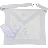 White Masonic Master Mason Apron with Square &amp; Compass &amp; All-Seeing Eye Embroidery Adjustable Belt &ndash; Freemasonry Regalia for Lodge Members Apron + Gloves Size (16&times;14)