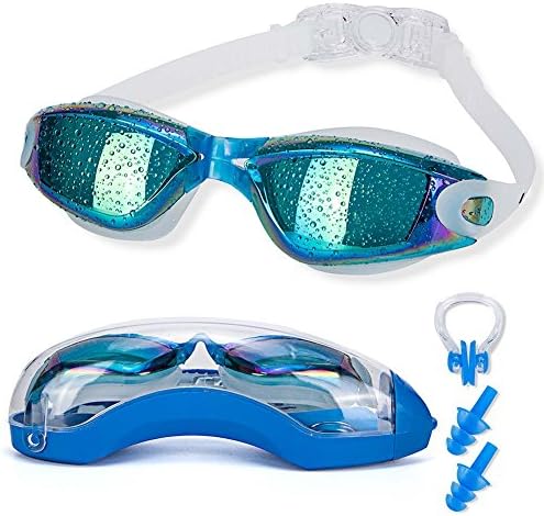 Asehuoz Swimming Goggles Anti Fog Shatterproof UV Protection,No Leaking with Silicone Nose Clip Ear Plugs and Protection Case Swimming Goggles Suit for Men Women Kids