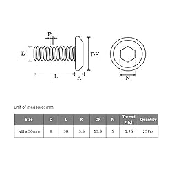 VGBUY M8-1.25 x 30 mm 25pcs Flat Head Hex Socket