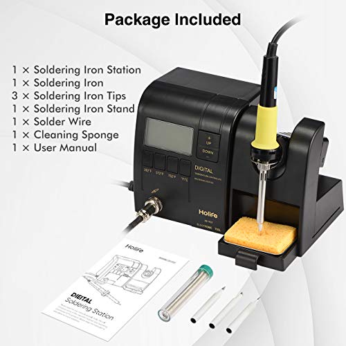 HoLife Digital Display Soldering Iron Station with ON/OFF Switch, Adjustable Temperature from 302℉ to 842℉, Solder Holder with Cleaning Sponge,℃/℉ Switch, 3 Pcs Soldering Iron Tips, Solder Wire