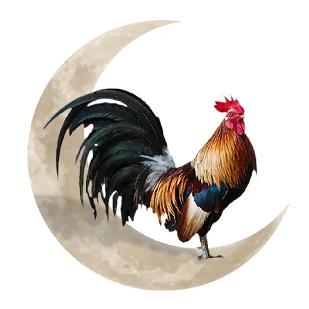 Chiyyak Cockerel Moon Wall Decoration, Creative Rooster Sitting on the Moon Wall Sculpture Metal Rooster Figure Wall Hanging Sign Wall Art for Living Room Bedroom